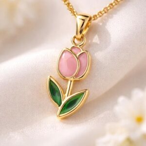 pink tulip necklace gold, minimalist flower pendant necklace, botanical jewelry, spring flower necklace gift for her