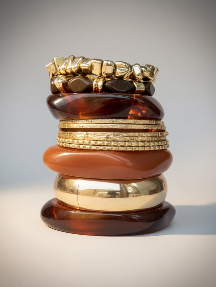 stacked resin and gold tone bangle bracelet set brown & gold color brown size os (1)