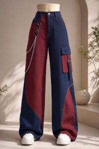 🔥 street style color block cargo jeans 💙❤️ wide leg y2k fashion pants